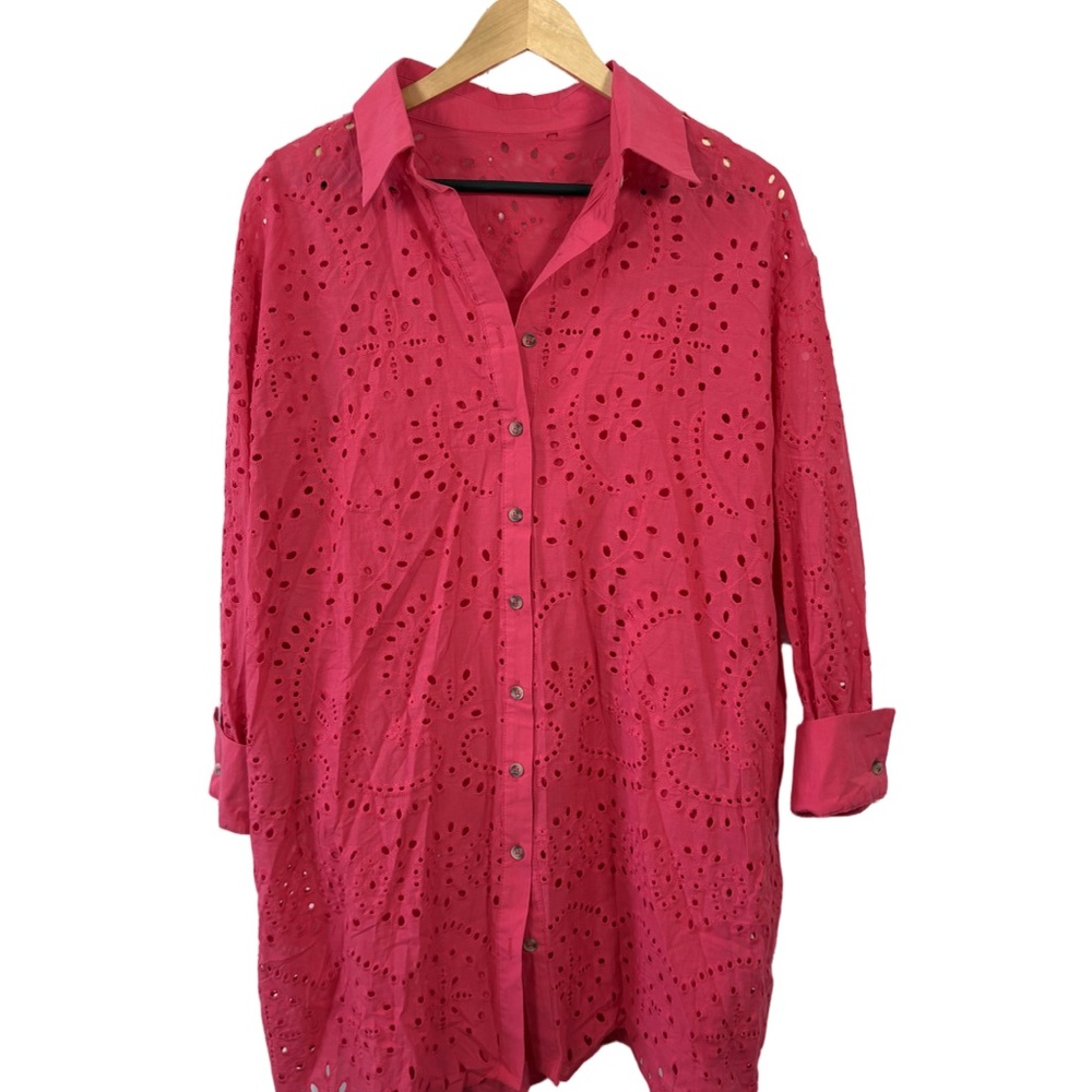 Pink Eyelet Embroidered Button Front Tunic Top Cotton Women’s M